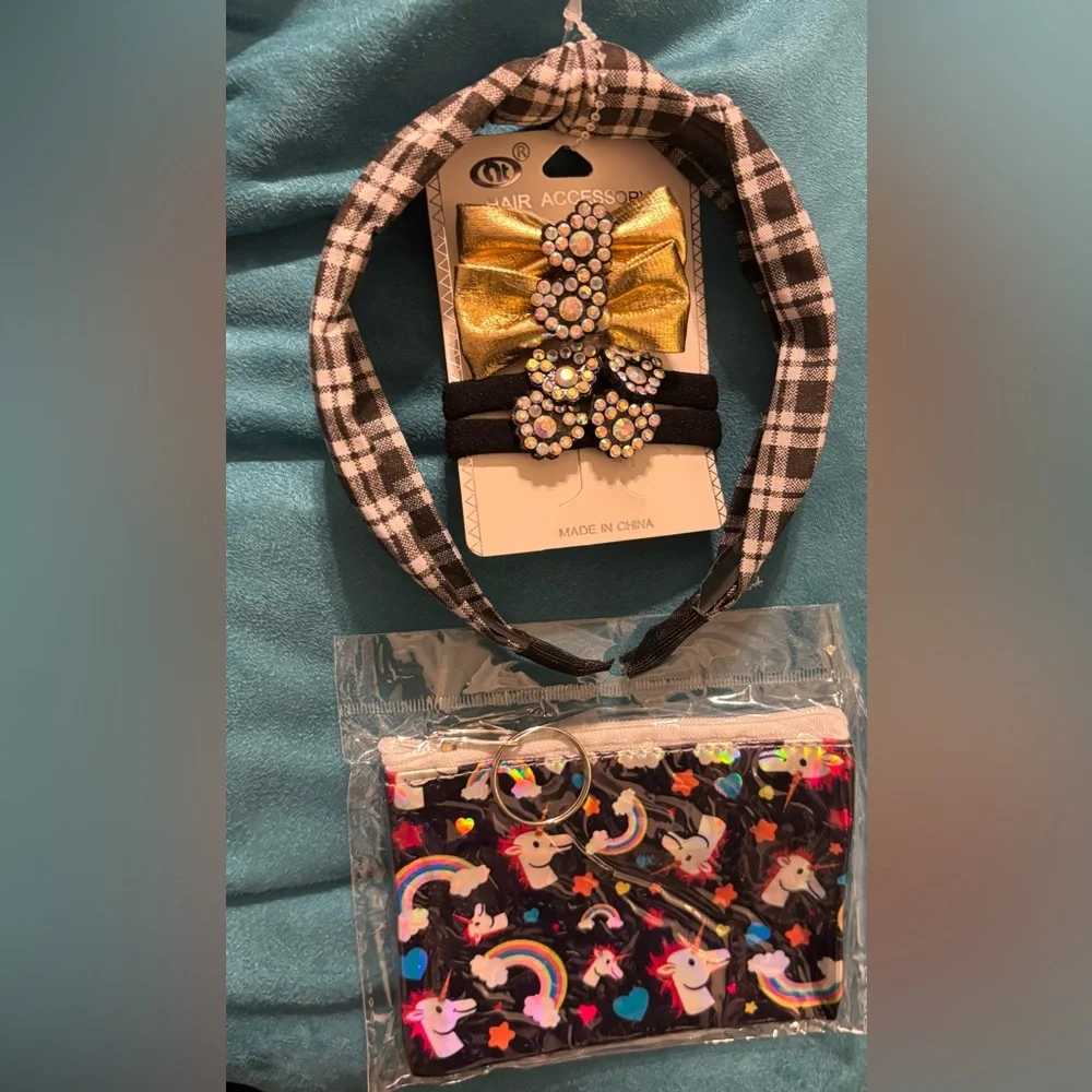Kids Checkered Headband and Unicorn Pouch Set